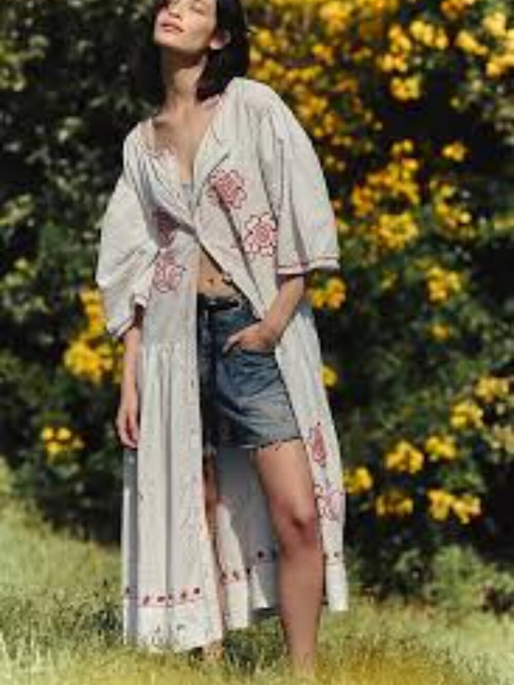 FREE PEOPLE White Floral Button-Front Women’s Dress with Pink Embroidery Size XL